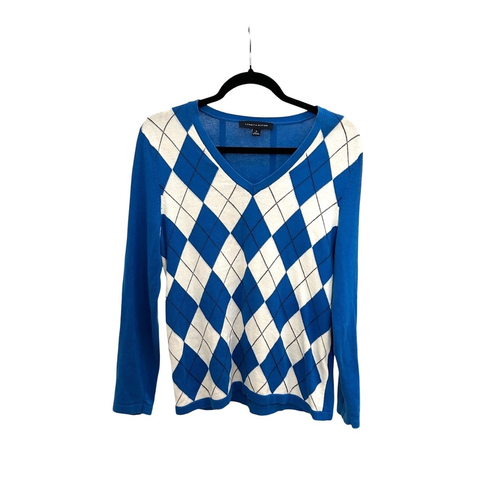 Tommy Hilfiger Argyle Sweater Womens M Blue White Preppy Academia Golf Classic